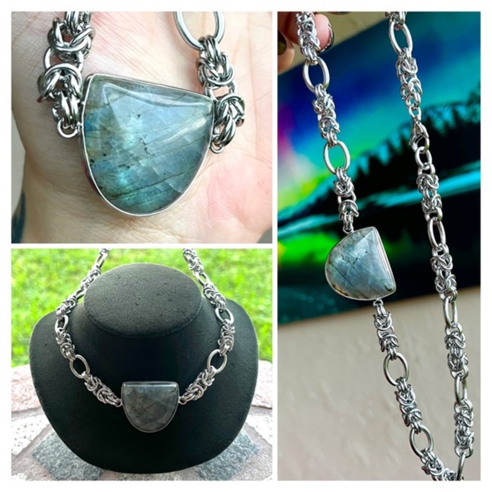 Handmade link maille chain + grey green iridescent labradorite gemstone choker